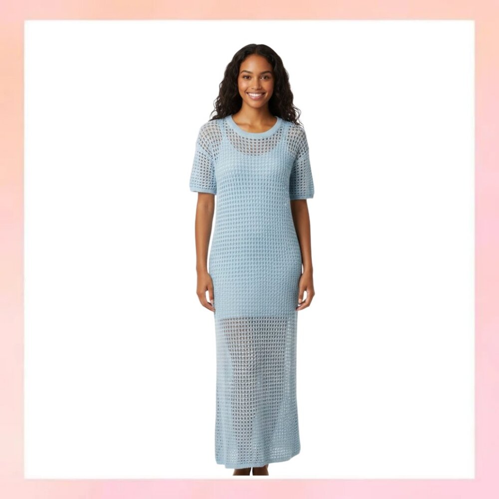 The Drop Open-Knit Maxi Sweater Dress - Light Blue, Size Large